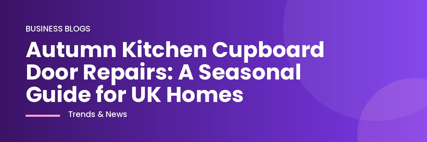 A person repairing a kitchen cupboard door in a cosy autumn kitchen